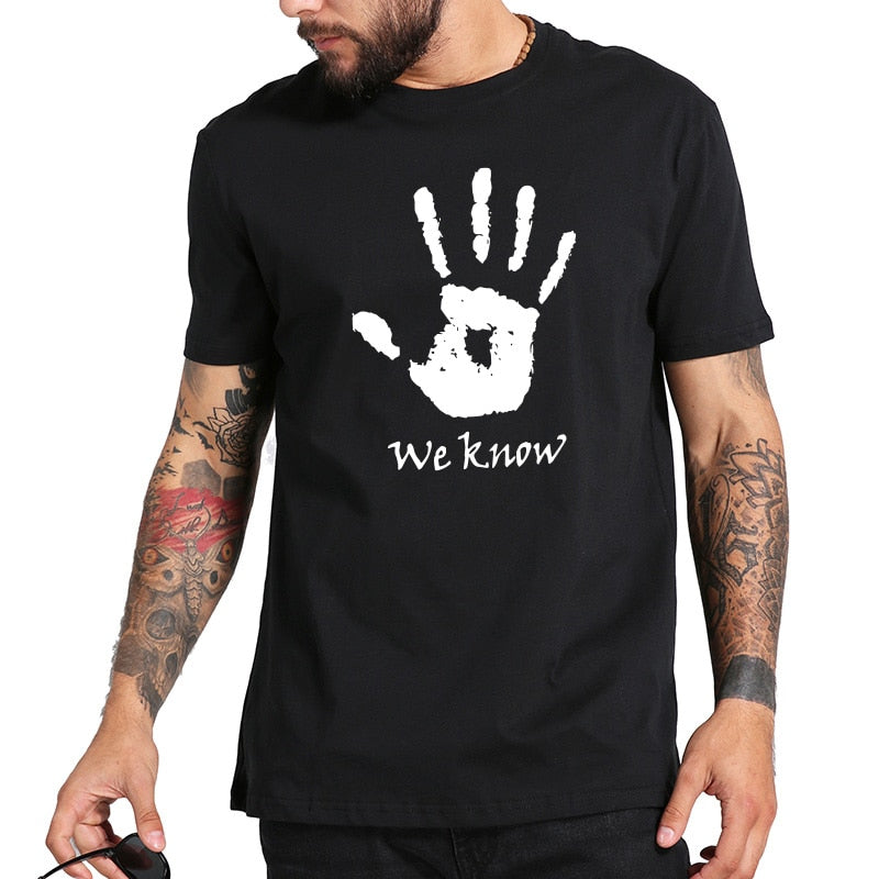 We Know T-shirt Skyrim Dark Brotherhood Hand Short Sleeve Shirt O-neck 100% Cotton Comfortable T Shirt Game Men Streetwear
