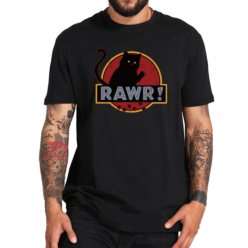 Funny T shirt Rawr Cat Cool Tee Shirt Homme Cartoon Graphic Black White Clothes Cotton Crew Neck Fitness T-shirt EU Size