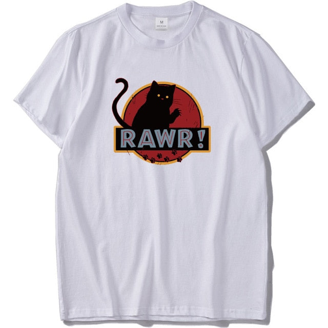 Funny T shirt Rawr Cat Cool Tee Shirt Homme Cartoon Graphic Black White Clothes Cotton Crew Neck Fitness T-shirt EU Size