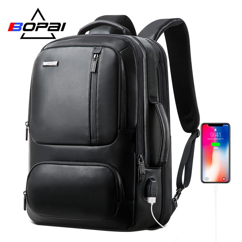 BOPAI Top Genuine Leather Backpack Men 15.6 Inch Laptop Backpack Real Leather USB Charging Port Male Business Backpack Travel